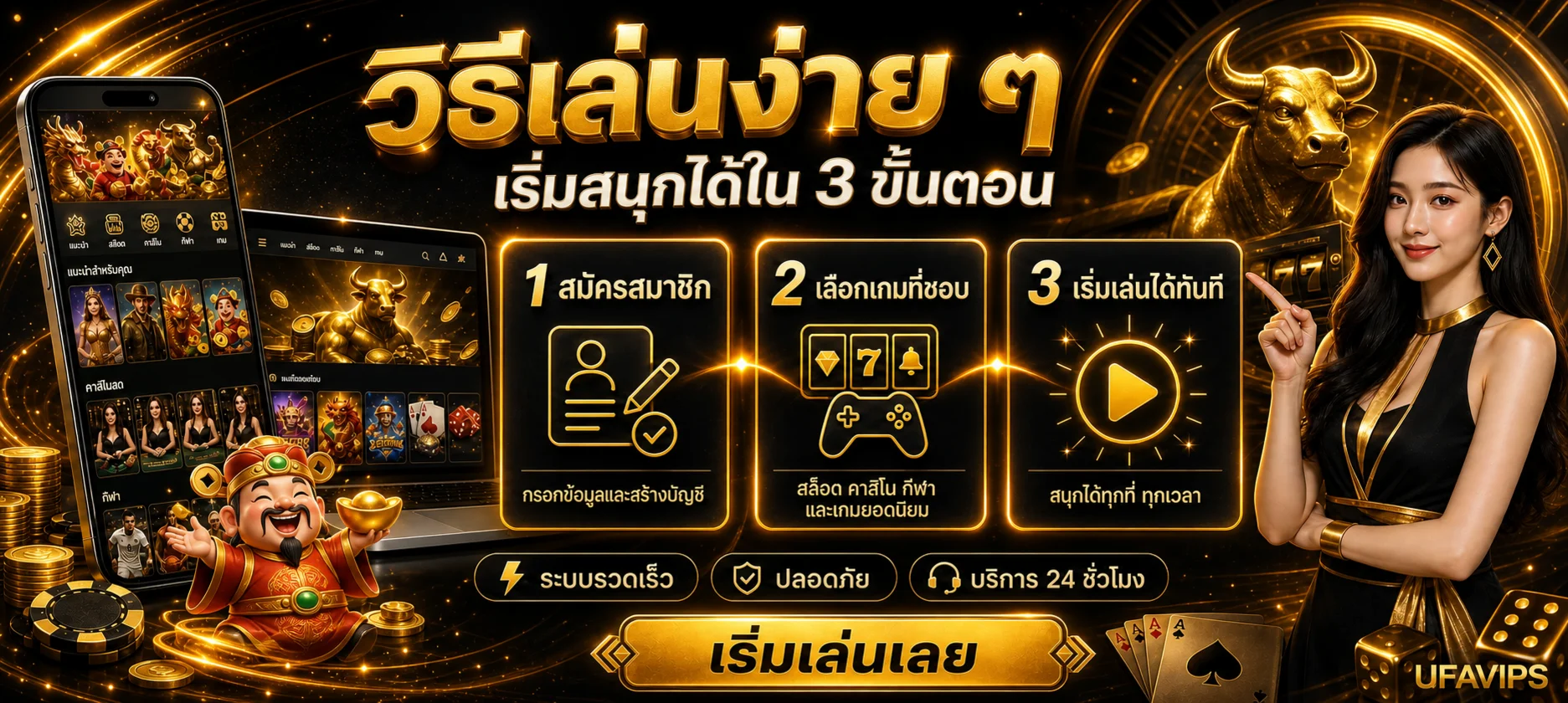 ภาพวิธีเริ่มใช้งาน UFAVIPS สามขั้นตอนบนมือถือ
